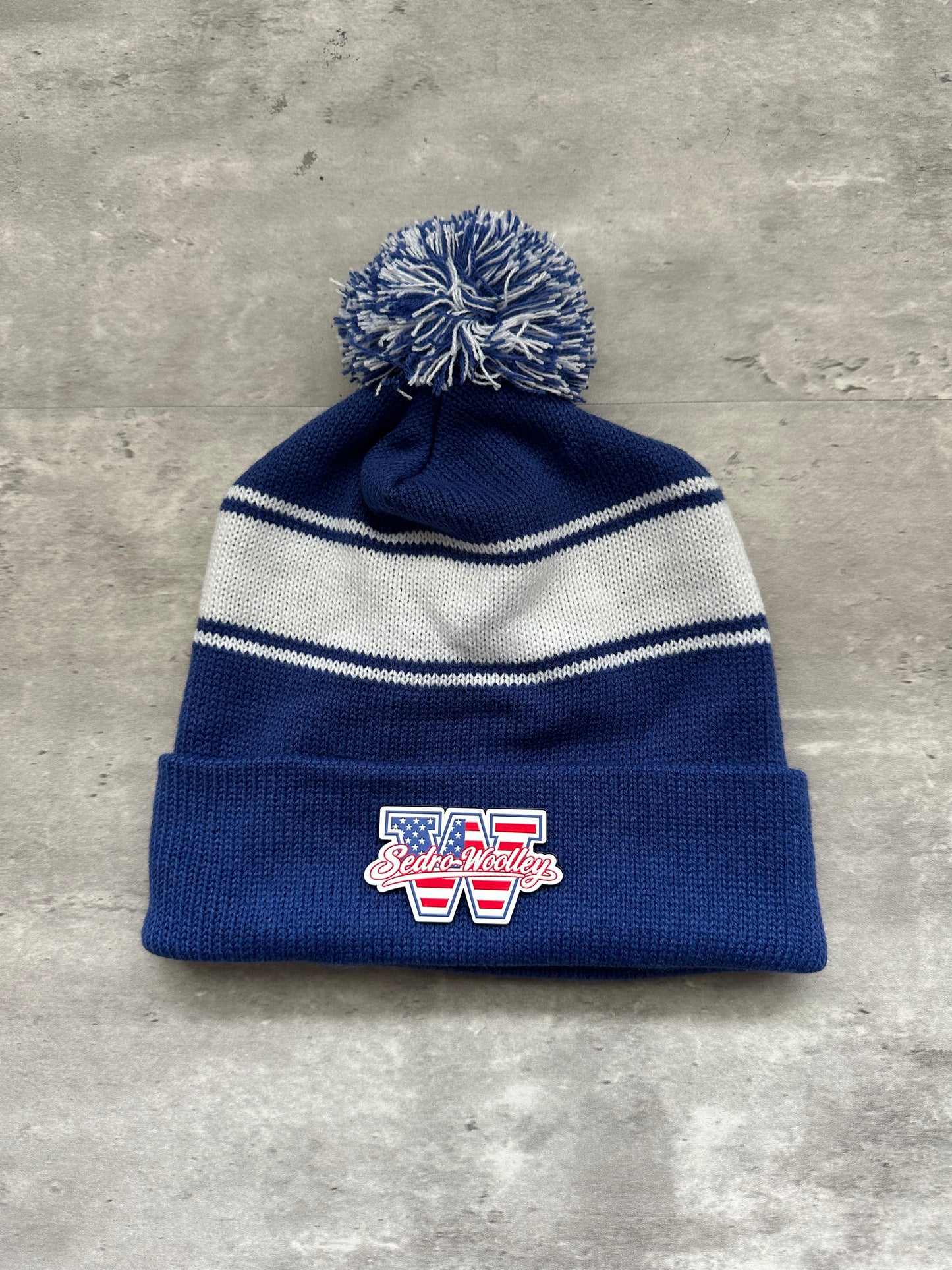 Pom Pom Knit Sedro Woolley Youth Football and Cheer Red, White, & Blue Patch Beanie