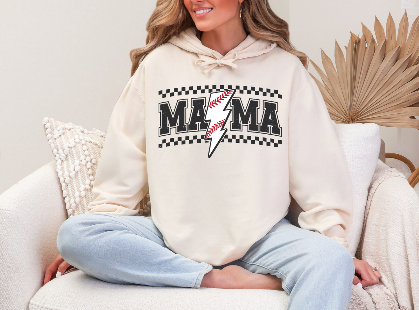 Mama Baseball Hoodie – Lightning Bolt Checkered Design – Comfort Colors