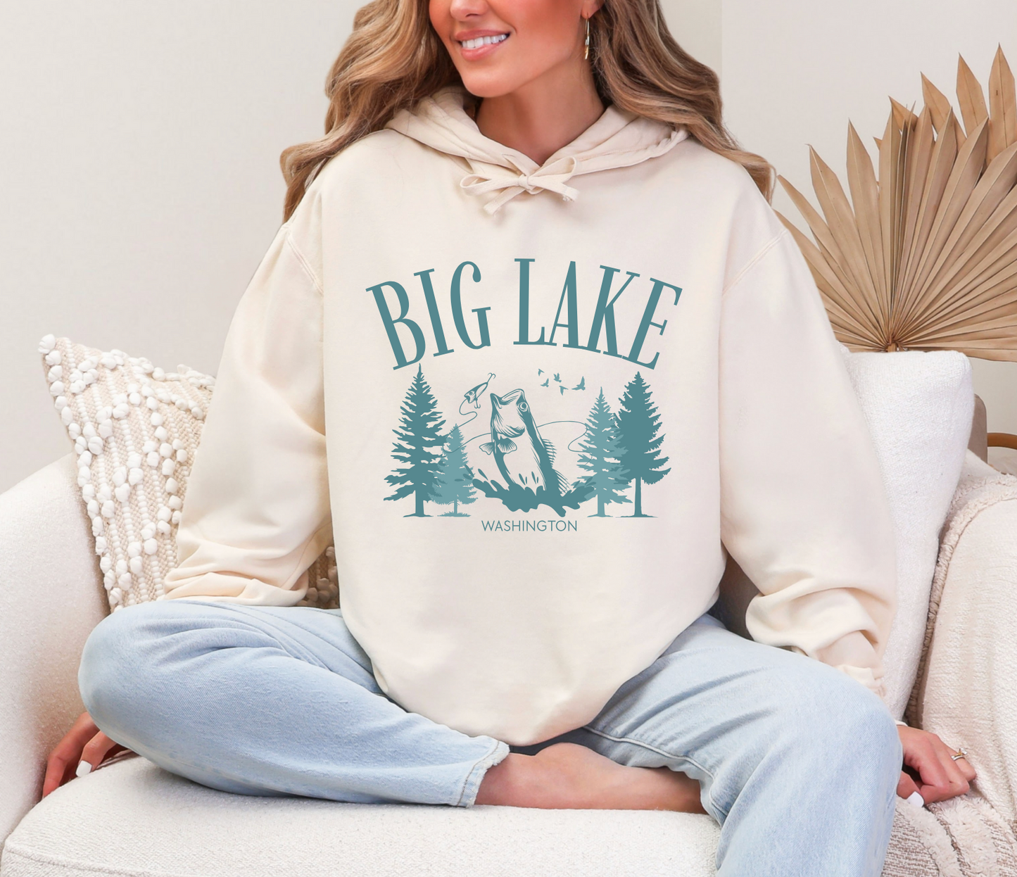 Big Lake Washington Comfort Colors® Hoodie, Tee, or Crewneck – Ivory with Teal Trees & Fish 🌲🐟