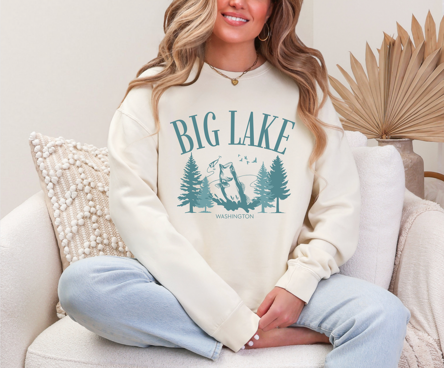 Big Lake Washington Comfort Colors® Hoodie, Tee, or Crewneck – Ivory with Teal Trees & Fish 🌲🐟