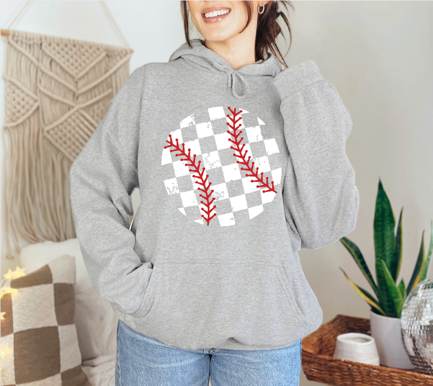 Checkered Baseball Hoodie - Sports Grey | Youth and Adult Sizes | Affordable Gildan Hoodie