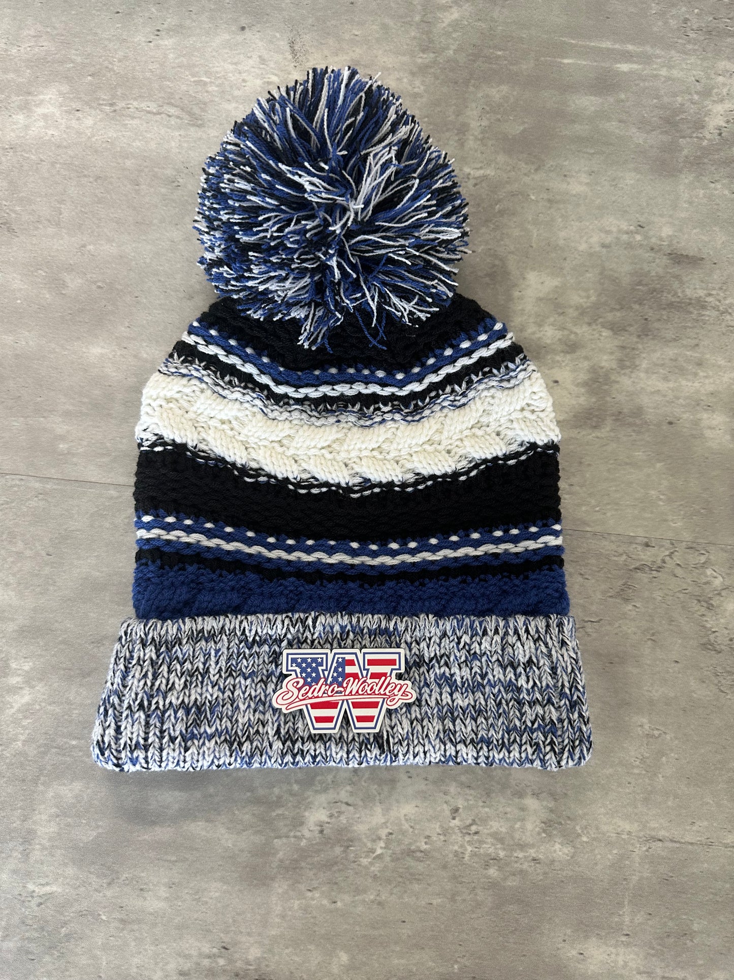 Pom Pom Chunky Knit Sedro Woolley Youth Football and Cheer Red, White, and Blue Patch Beanie