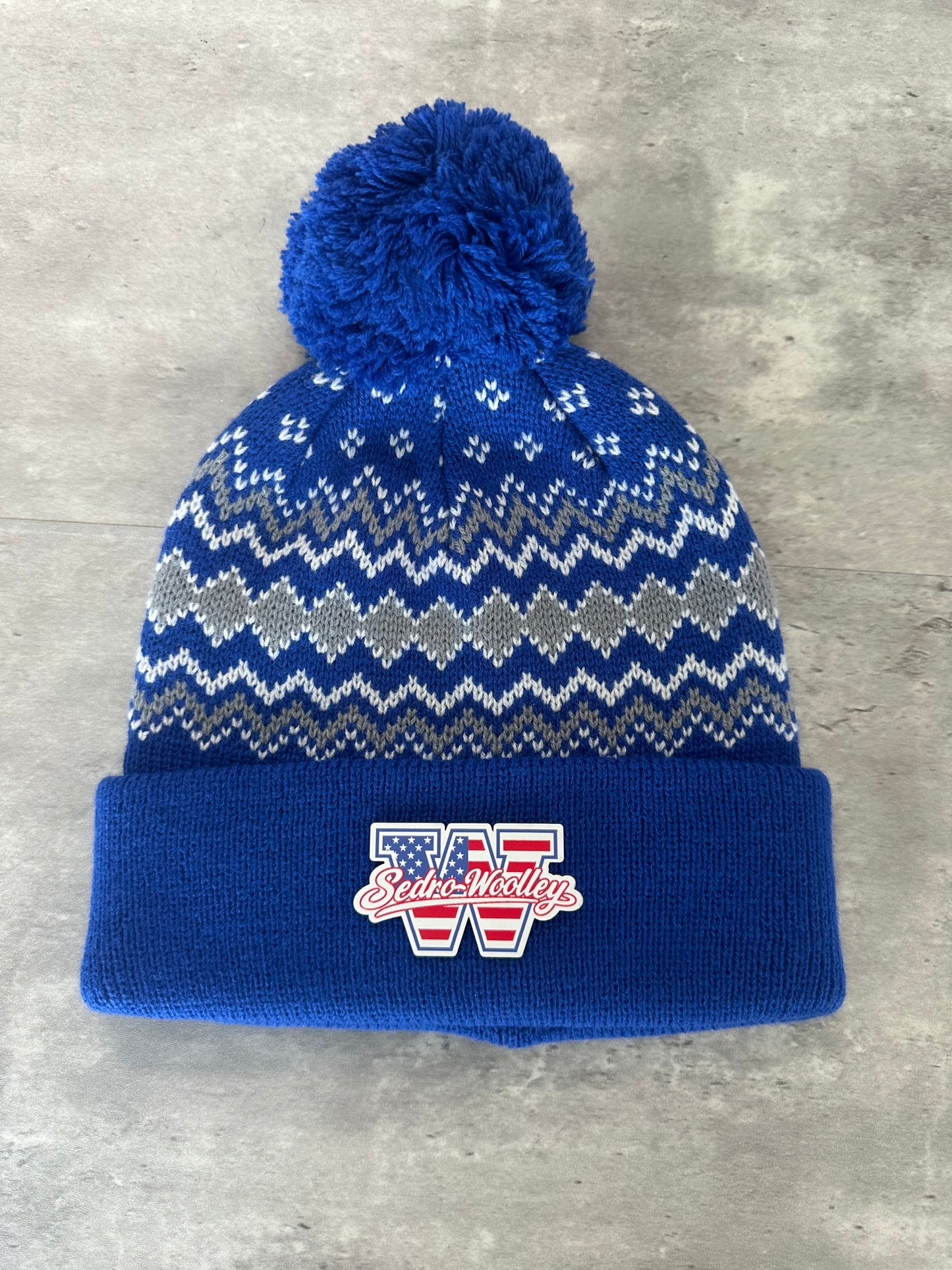 Pom Pom Sweater Knit Sedro Woolley Youth Football and Cheer Red, White and Blue Patch Beanie