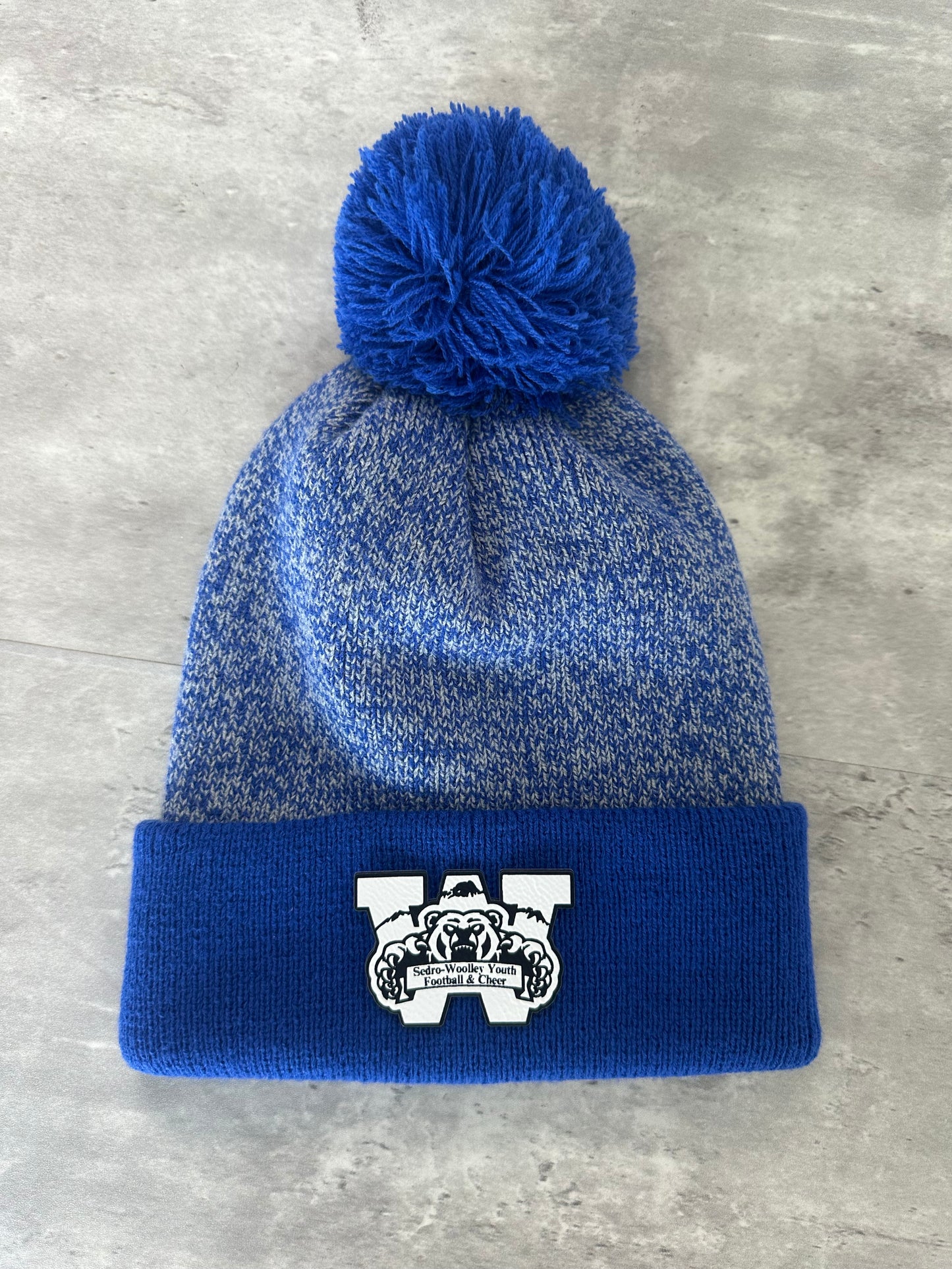 Pom Pom Heathered Blue Knit Sedro Woolley Youth Football and Cheer Beanie