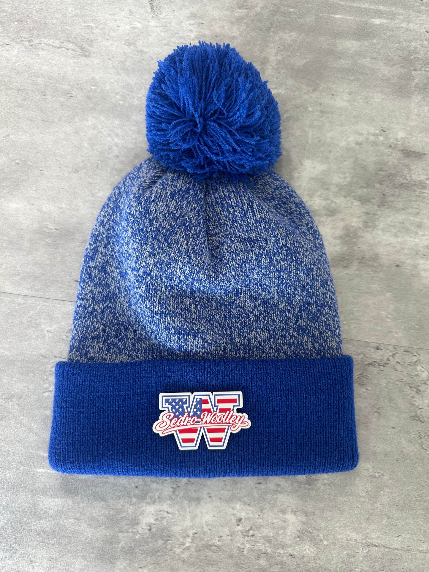 Pom Pom Heathered Blue Knit Sedro Woolley Youth Football and Cheer Red, White, and Blue Patch Beanie