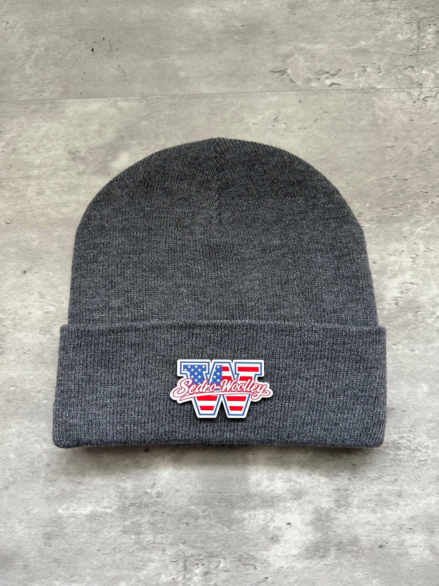 Fleece Lined Sedro Woolley Youth Football and Cheer Red, White, & Blue Patch Beanie