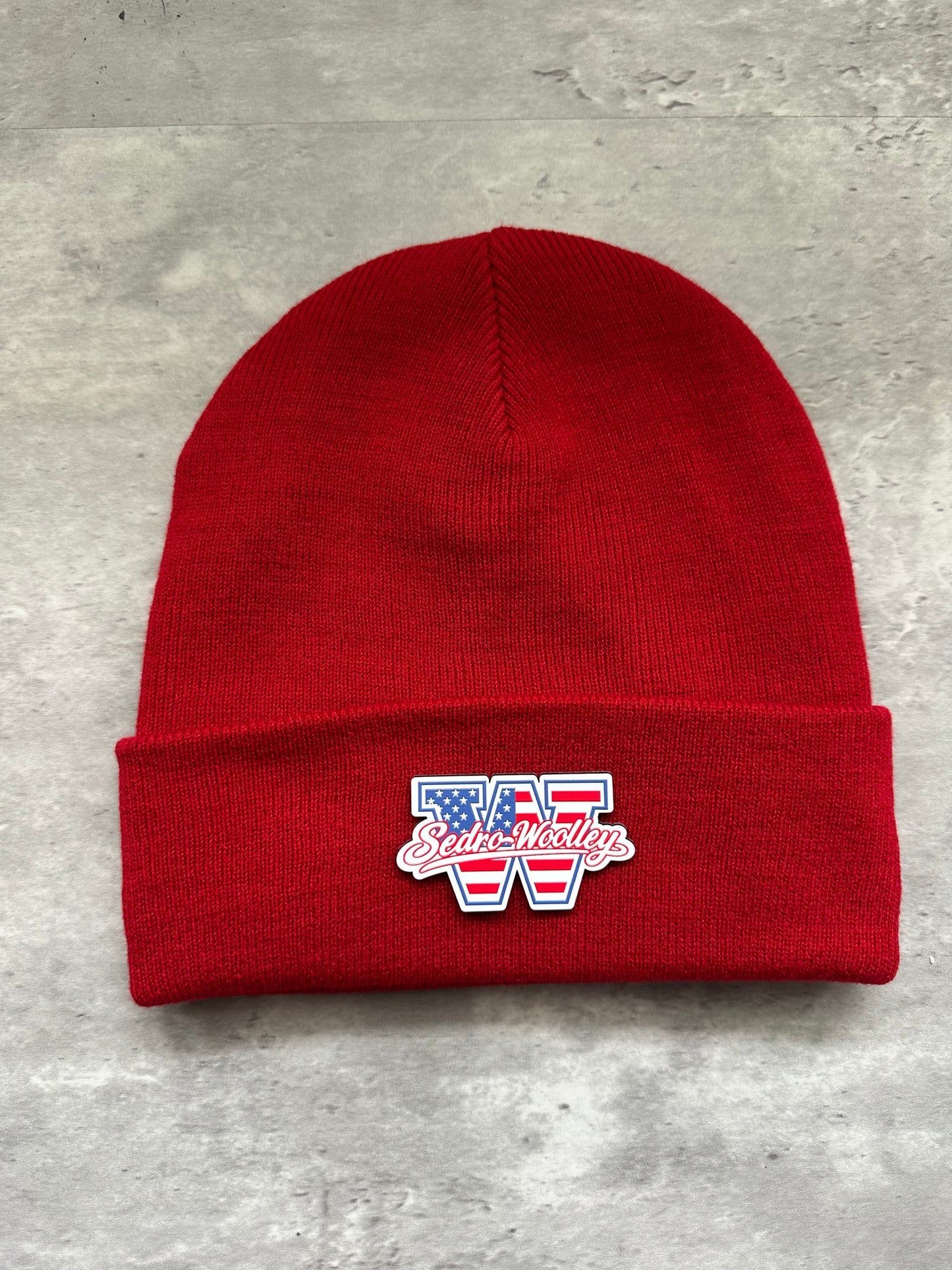 Fleece Lined Sedro Woolley Youth Football and Cheer Red, White, & Blue Patch Beanie