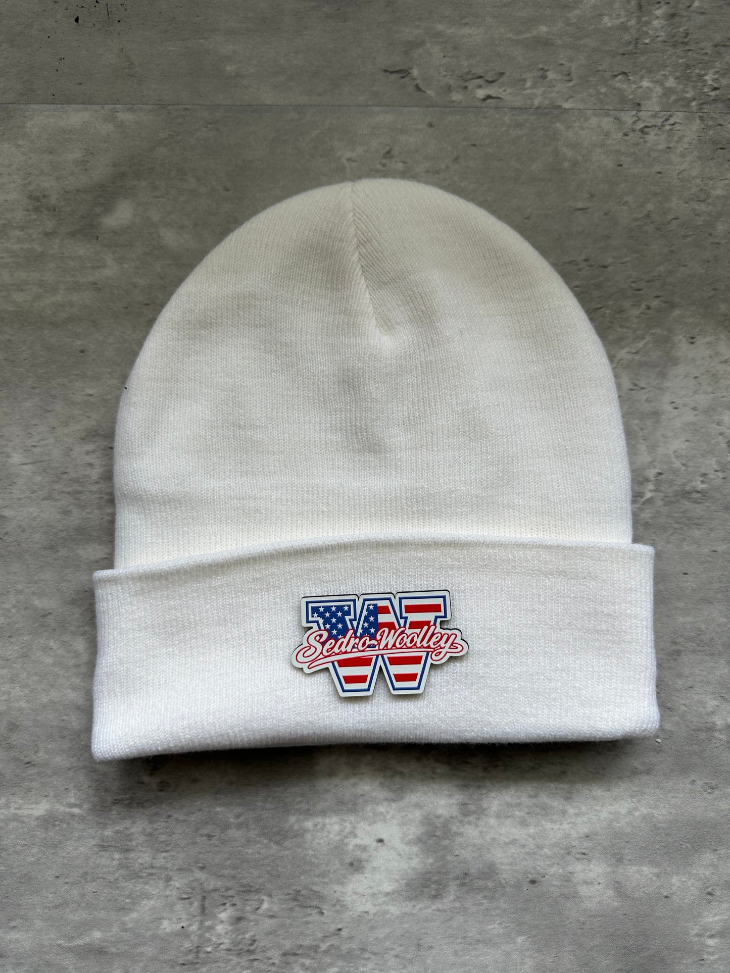 Fleece Lined Sedro Woolley Youth Football and Cheer Red, White, & Blue Patch Beanie