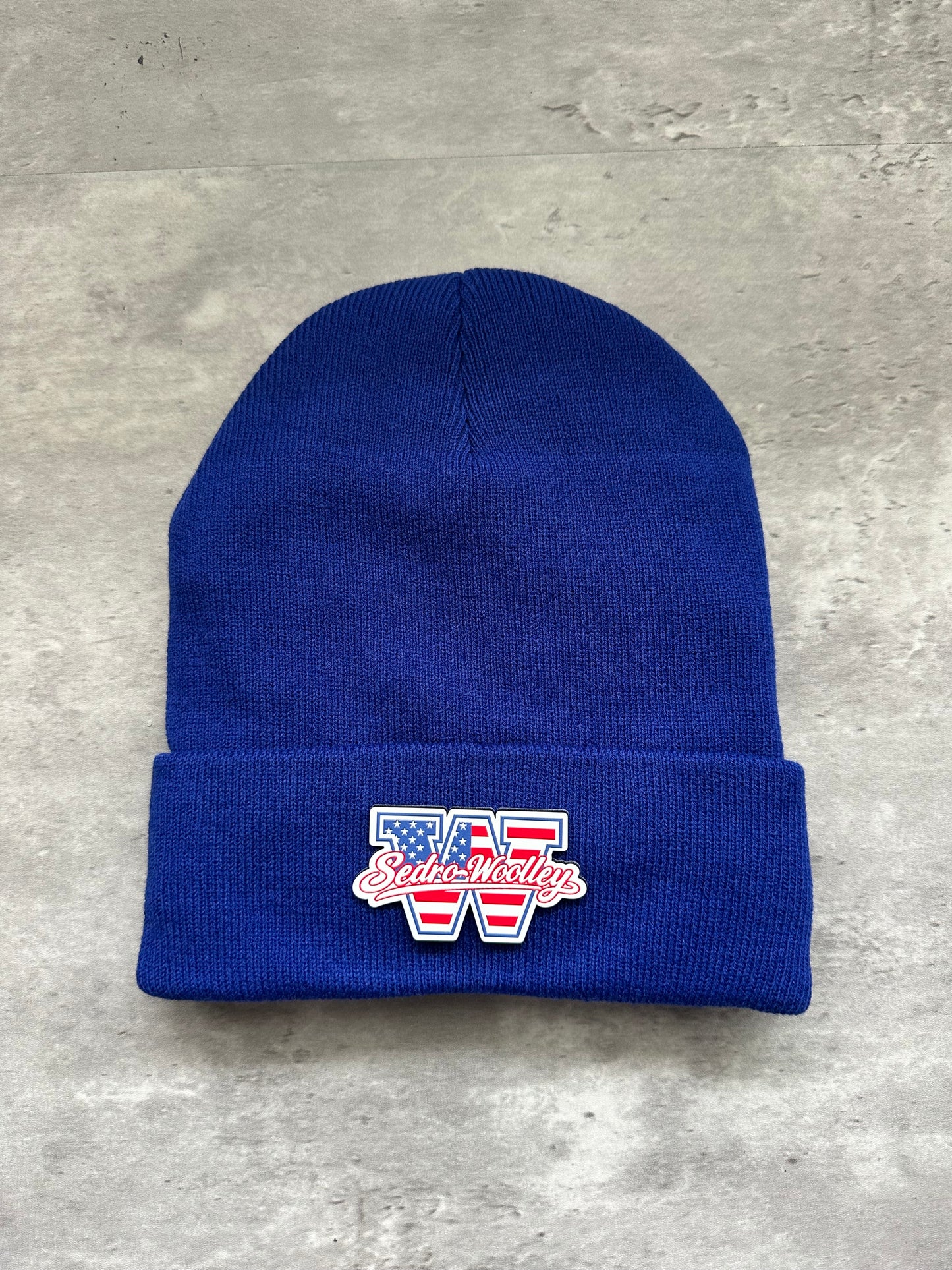 Fleece Lined Sedro Woolley Youth Football and Cheer Red, White, & Blue Patch Beanie