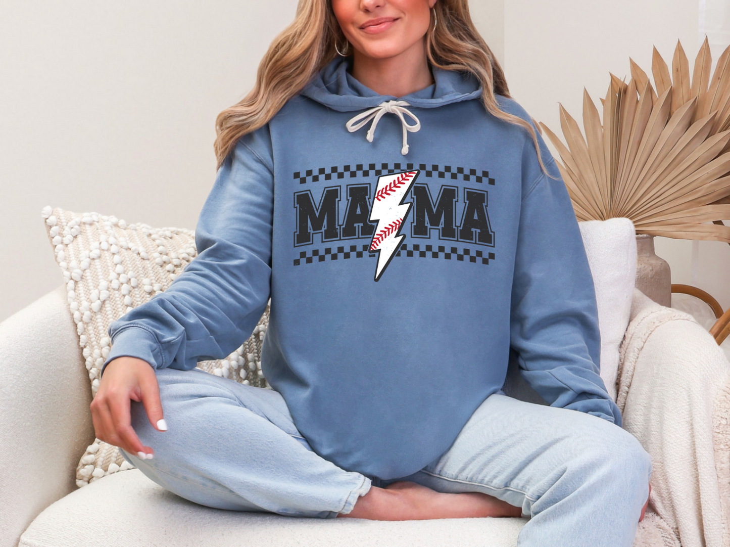 Mama Baseball Hoodie – Lightning Bolt Checkered Design – Comfort Colors