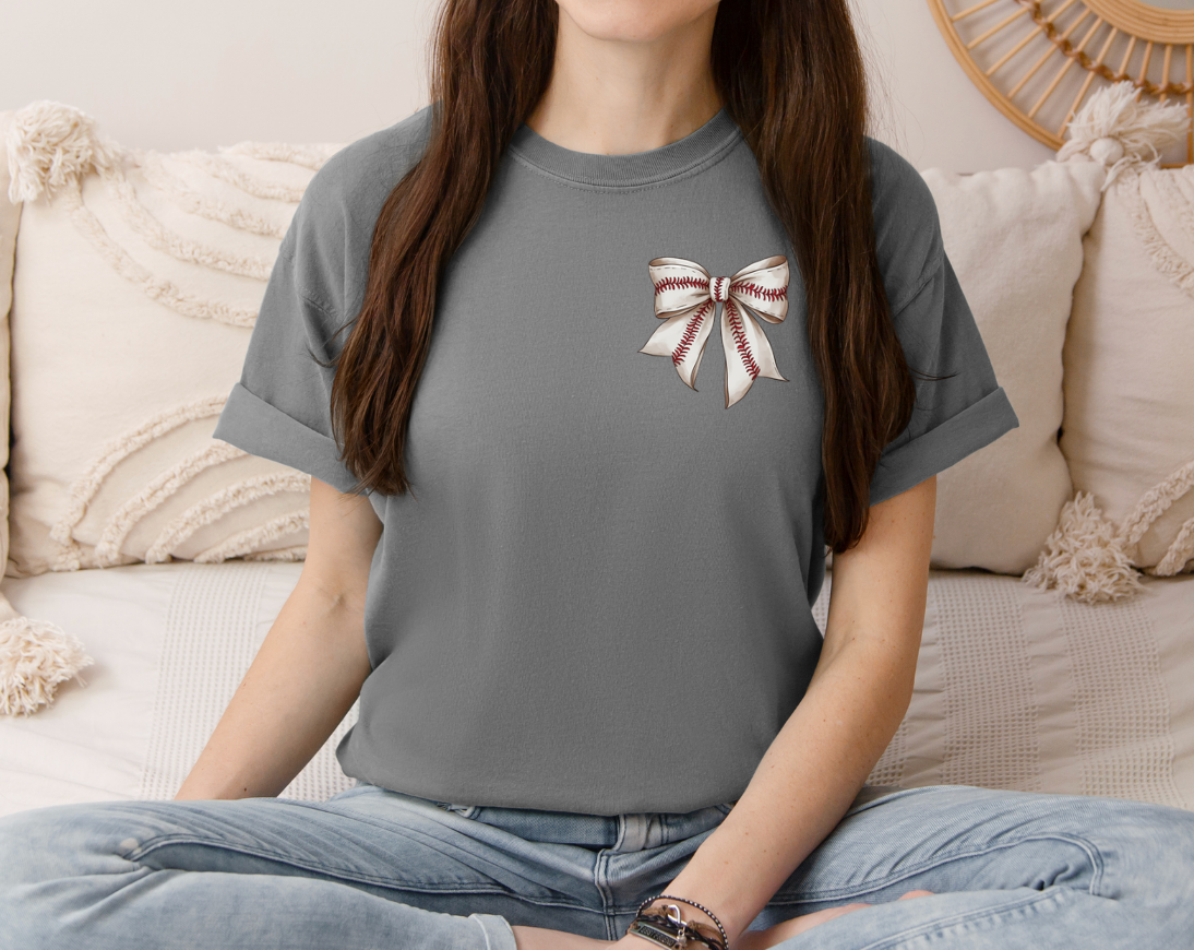 Baseball or Softball Bow T-Shirt – Comfort Colors Tee (Adult & Youth Sizes)