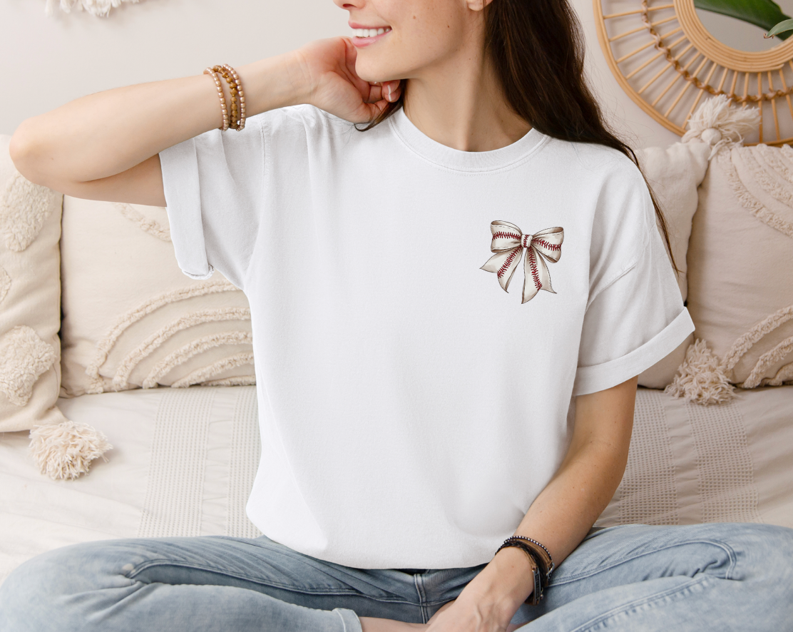 Baseball or Softball Bow T-Shirt – Comfort Colors Tee (Adult & Youth Sizes)