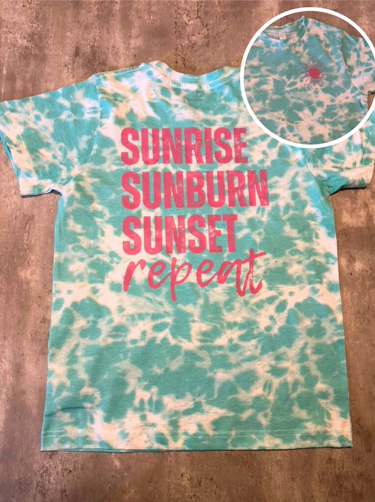 Sunrise Sunburn Sunset Repeat Tie-Dye T-Shirt – Youth & Adult | LAT Island Tie Dye Tee with Pink Sunshine Logo