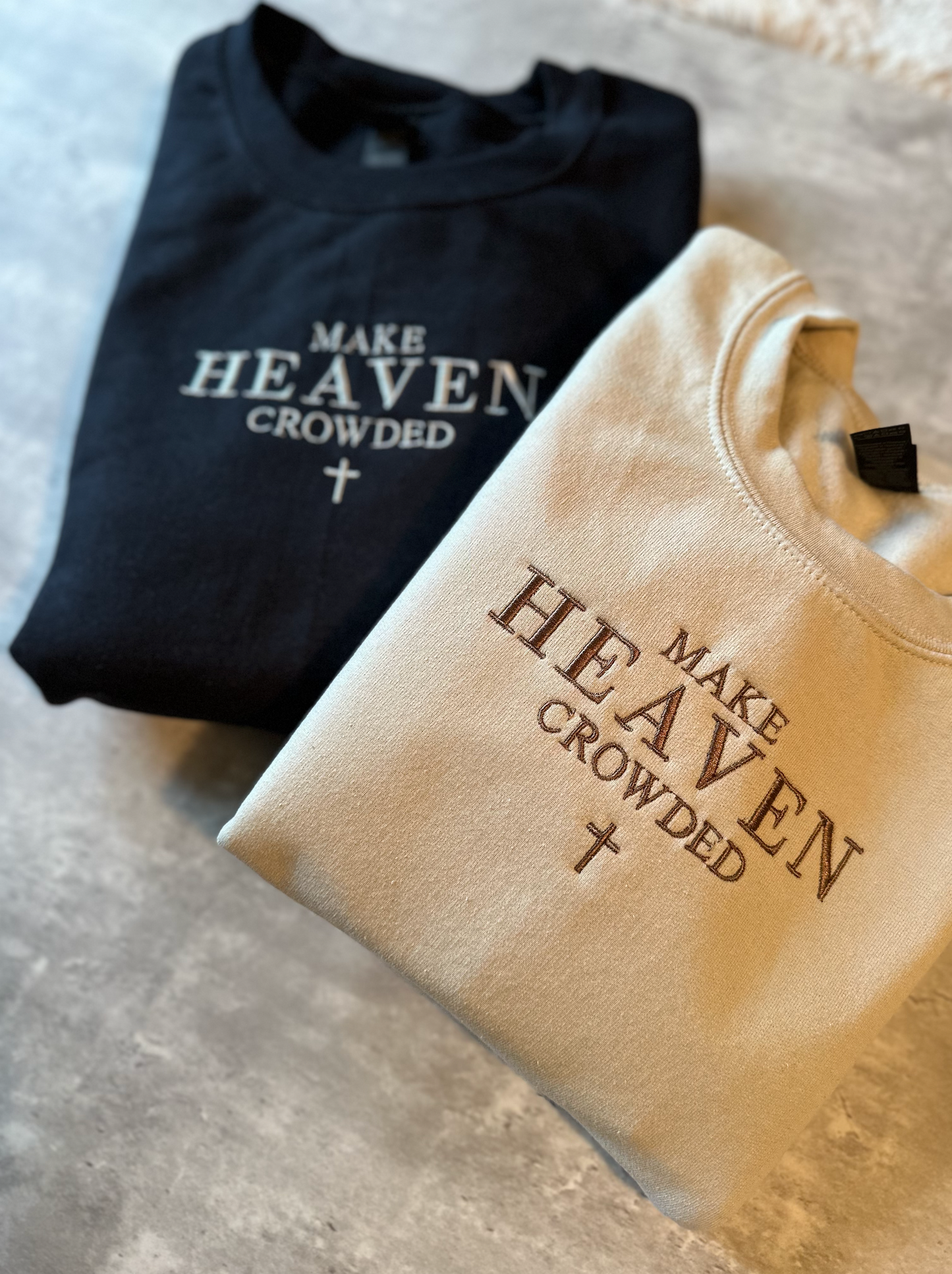Make Heaven Crowded Embroidered Crewneck Sweatshirt | Tan or Black | Gildan 18000 Unisex Fit